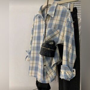 Women's Spring Plaid Patchwork Front Button Pocket Casual Shirt